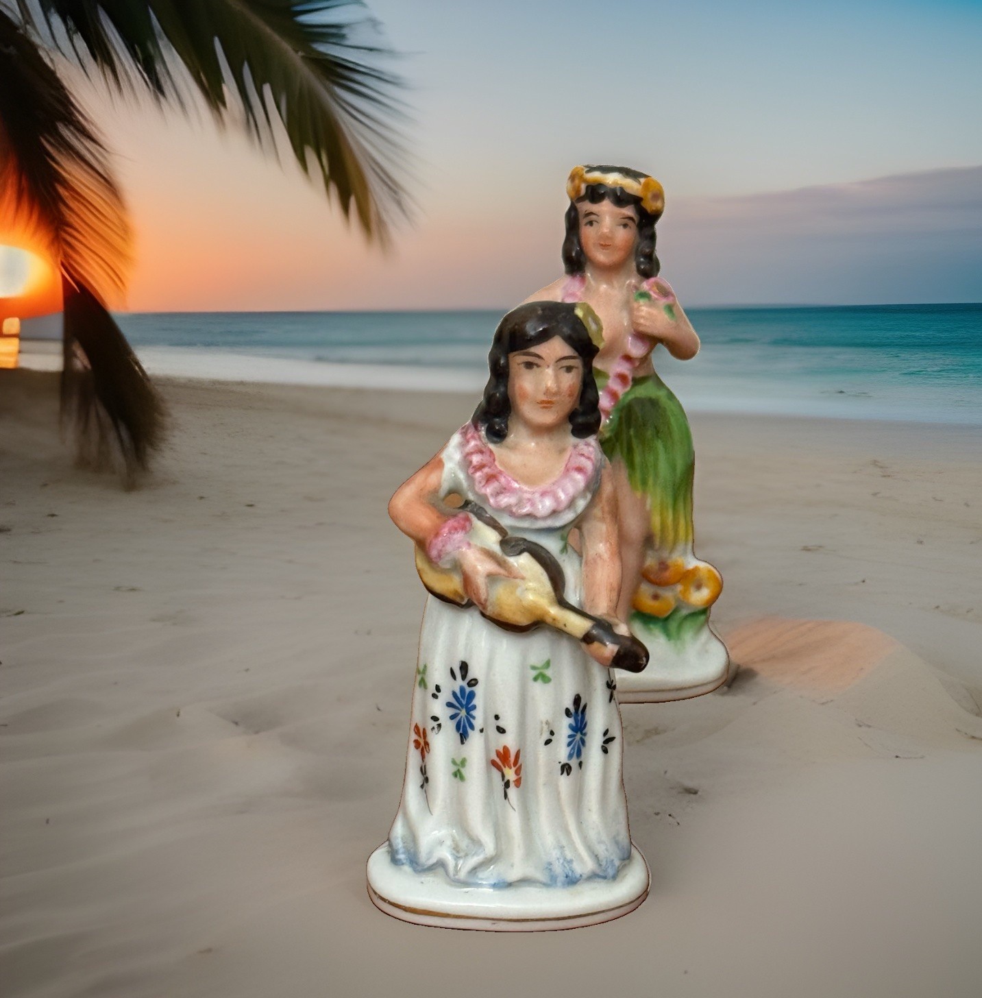 Vintage Occupied Japan Hawaiian Girl Playing Ukulele & Hula Girl Tiki 1940s