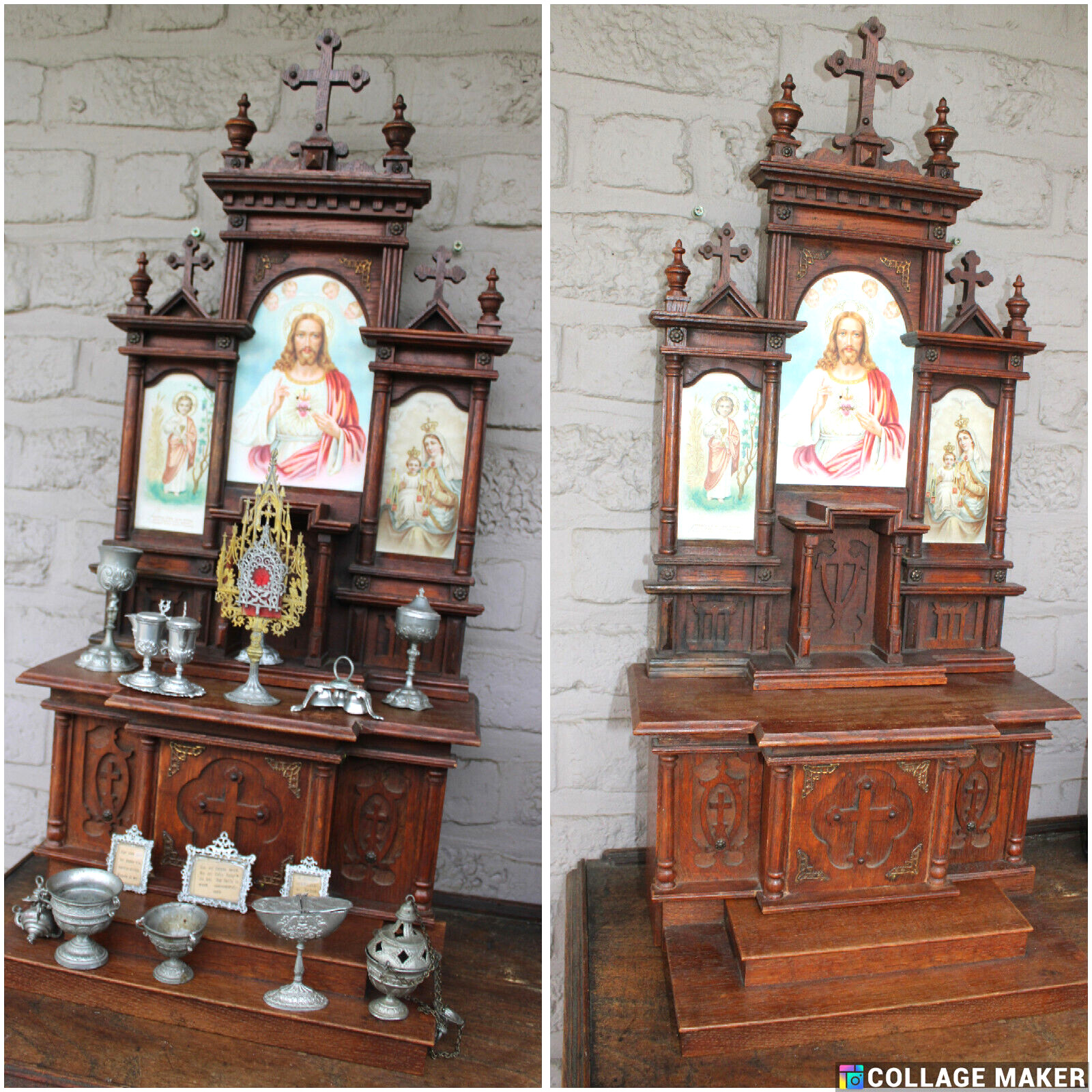 Antique religious home altar wood carved toys rare monstrance chalice 1900s