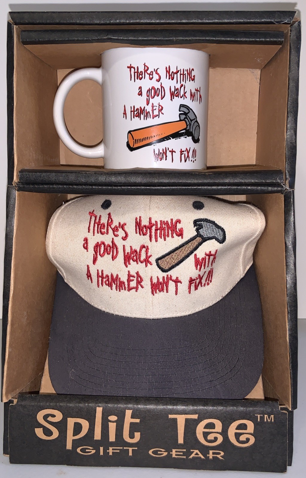 Vintage Split Tee Funny Hammer Gag Gift Set Coffee Mug Trucker Hat Handyman READ