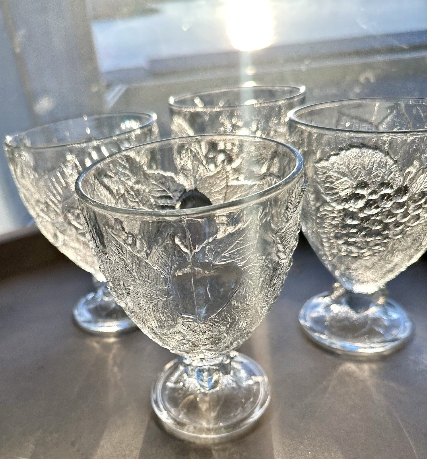 Set 4 Vintage Turkish Pasabahce Embossed Grapes,Heavy Pressed Goblet Glassware 