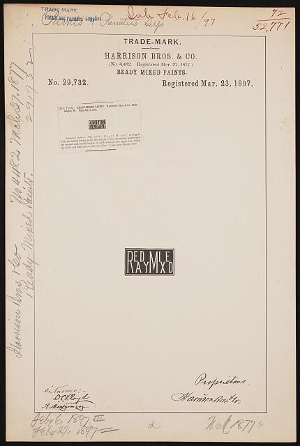 Photo:Harrison Bros. Co. Ready Mixed Paints Trademark 1897 Registration