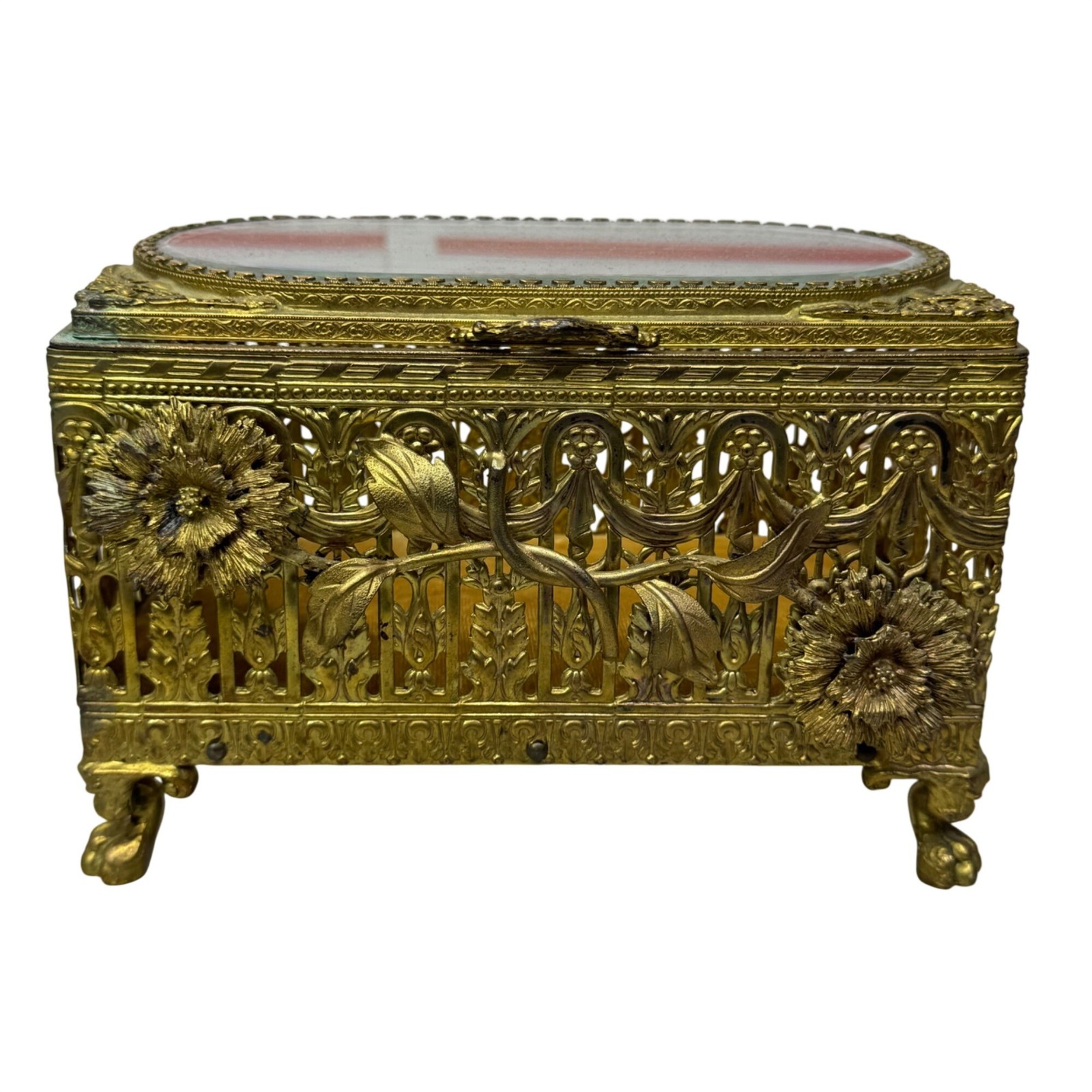 Antique Ornate Gold Plated Metal Jewelry Casket Box Floral Glass Top Footed Vtg