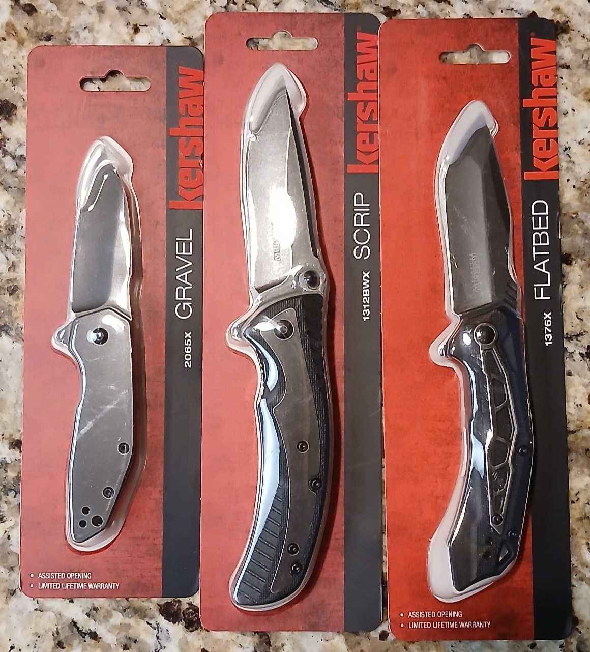 LOT OF 3 KERSHAW POCKET KNIVES NEW IN PACK  -GRAVEL -SCRIP -FLATBED