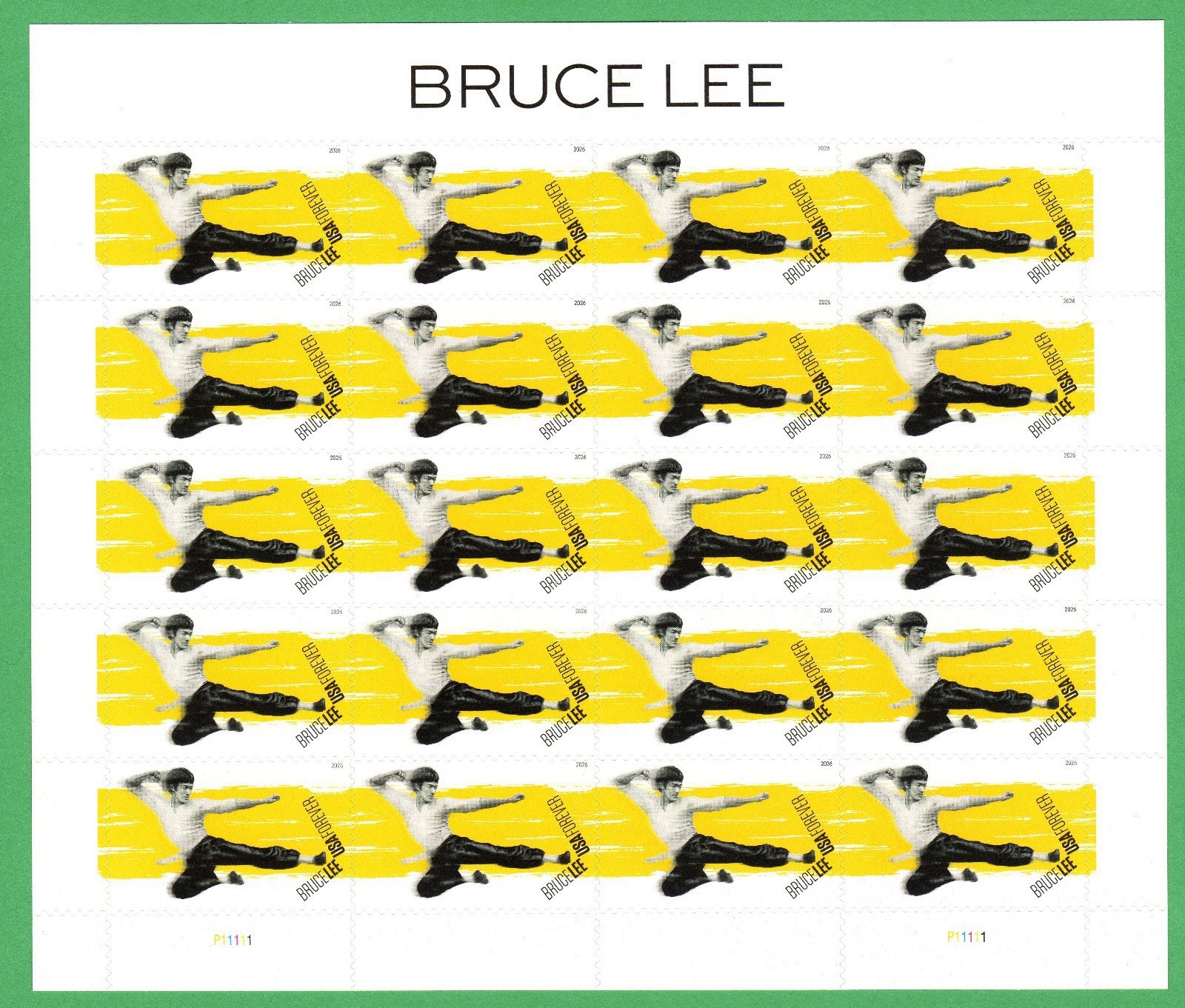 USPS PANE OF 20 FIRST CLASS LETTER STAMPS BRUCE LEE 82¢