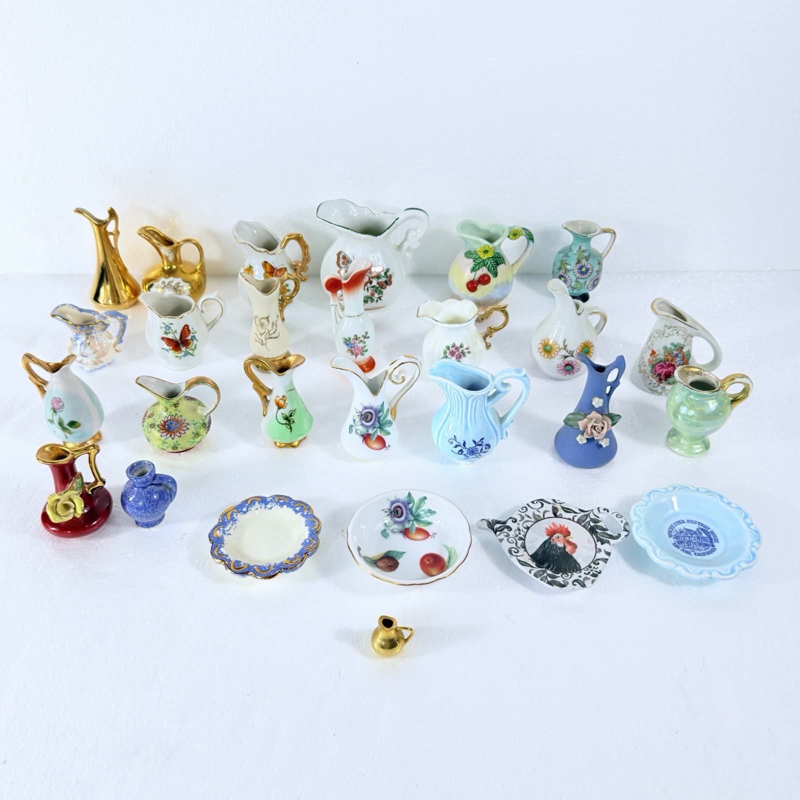 Lot of 27 Miniature Decorative Vases & Plates Japanese Made Floral Brass MCM