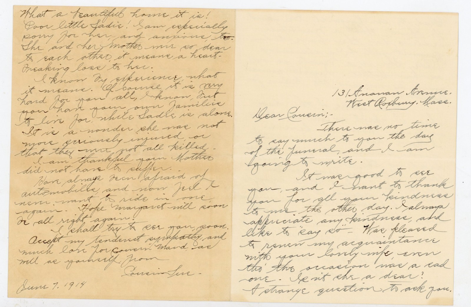 1914 Vintage Handwritten Condolence Letter West Roxbury MA Automobile Accident