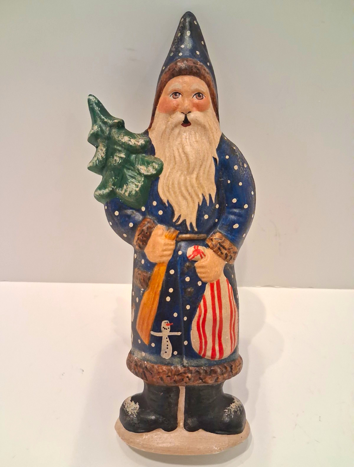 Vaillancourt Folk Art Santa Figurine Blue Coat Holding Tree Signed 1999