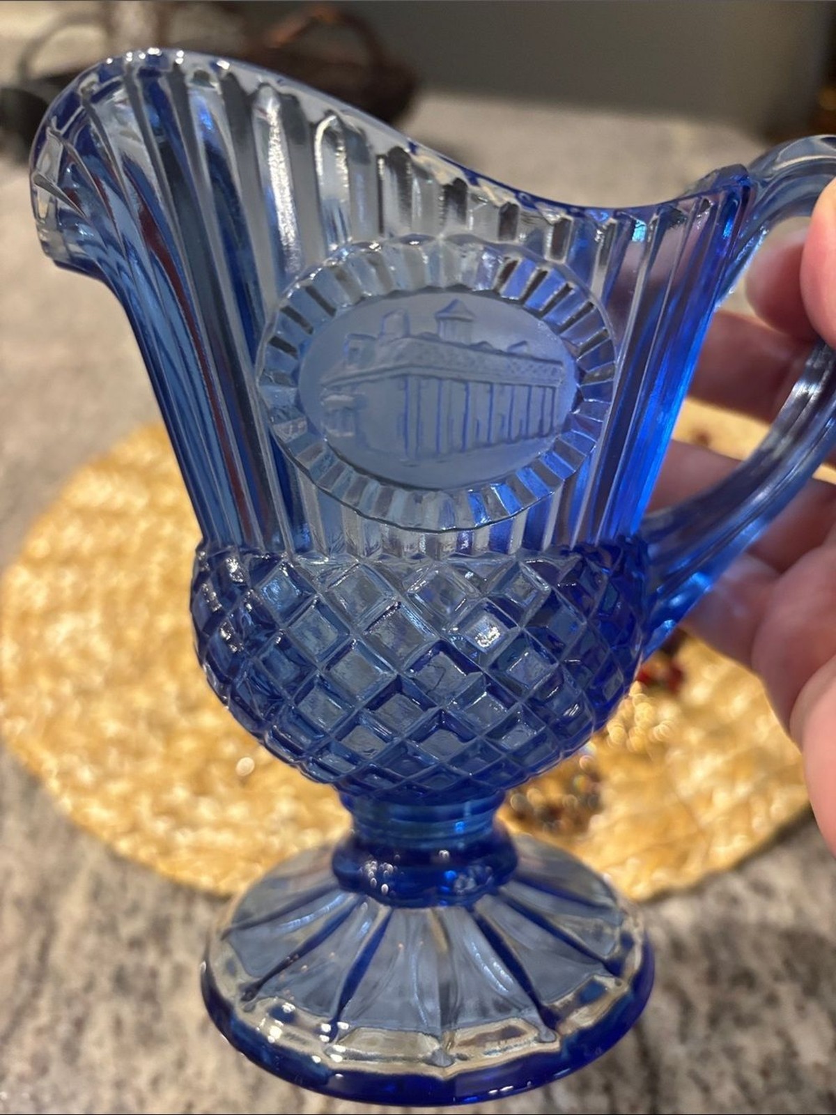 Vintage Colbalt Blue Pressed Glass Pitcher 70s Decorative Home Accent