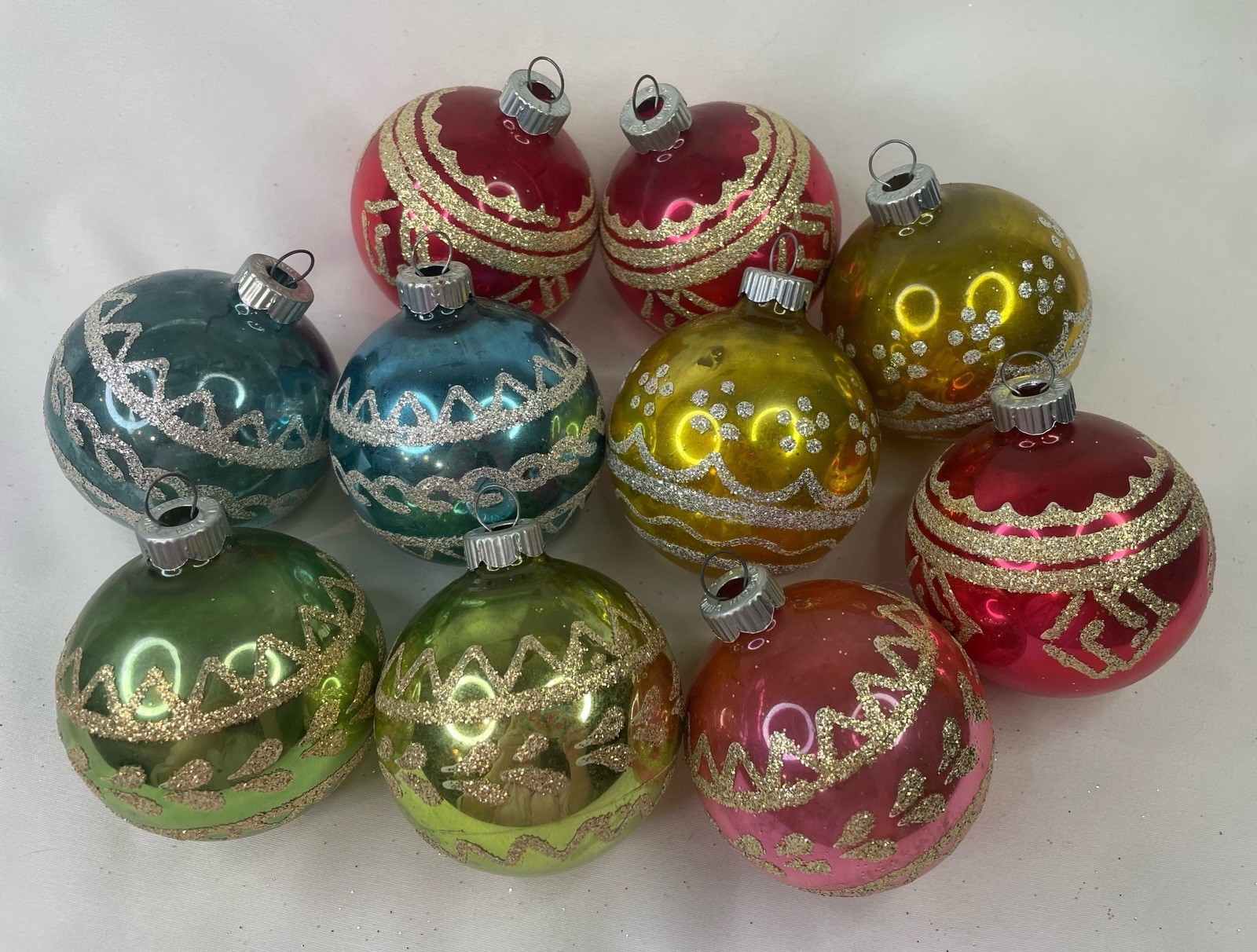 10 Vintage Shiny Brite Blown Glass Glitter Stenciled Christmas Ball Ornaments