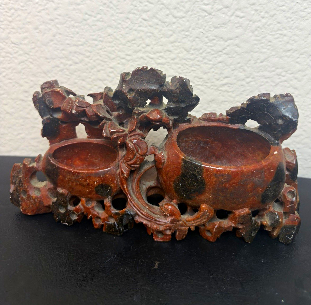 vintage Chinese hand-carved soapstone double-vase and brush pot sculpture