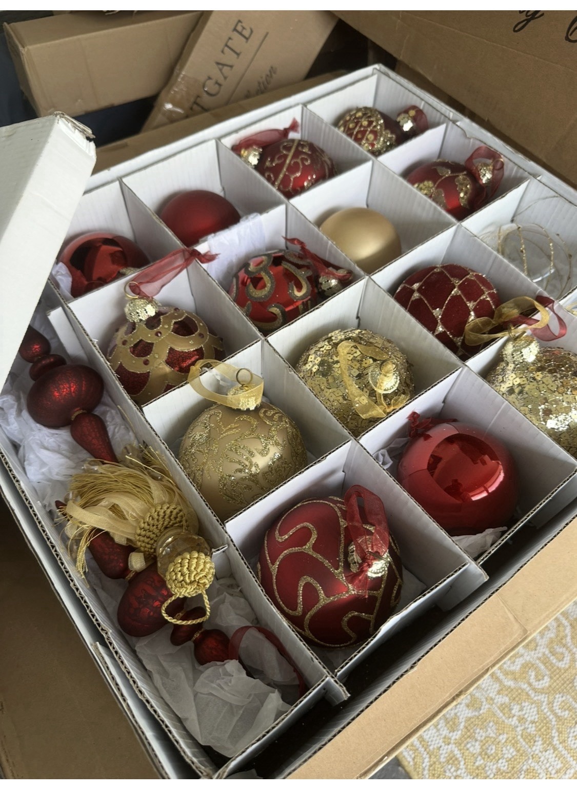 Frontgate Luxury Cristmas XL 4 Inch Ornaments Red & Gold 40 Pieces /2 Boxes