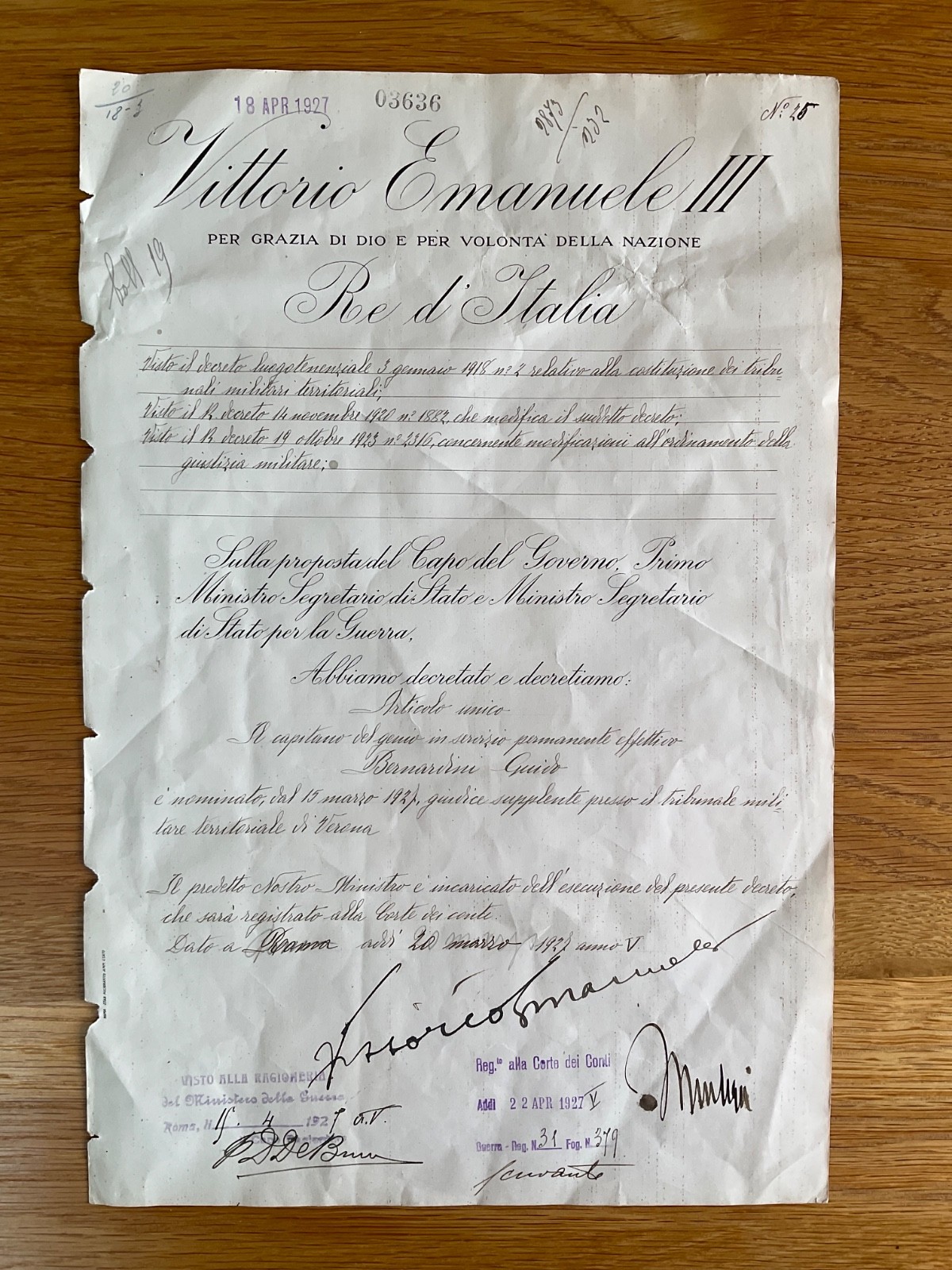 MUSSOLINI & KING VITTORIO EMANUELE III Signed 1927 Italian Military Decree Wmk