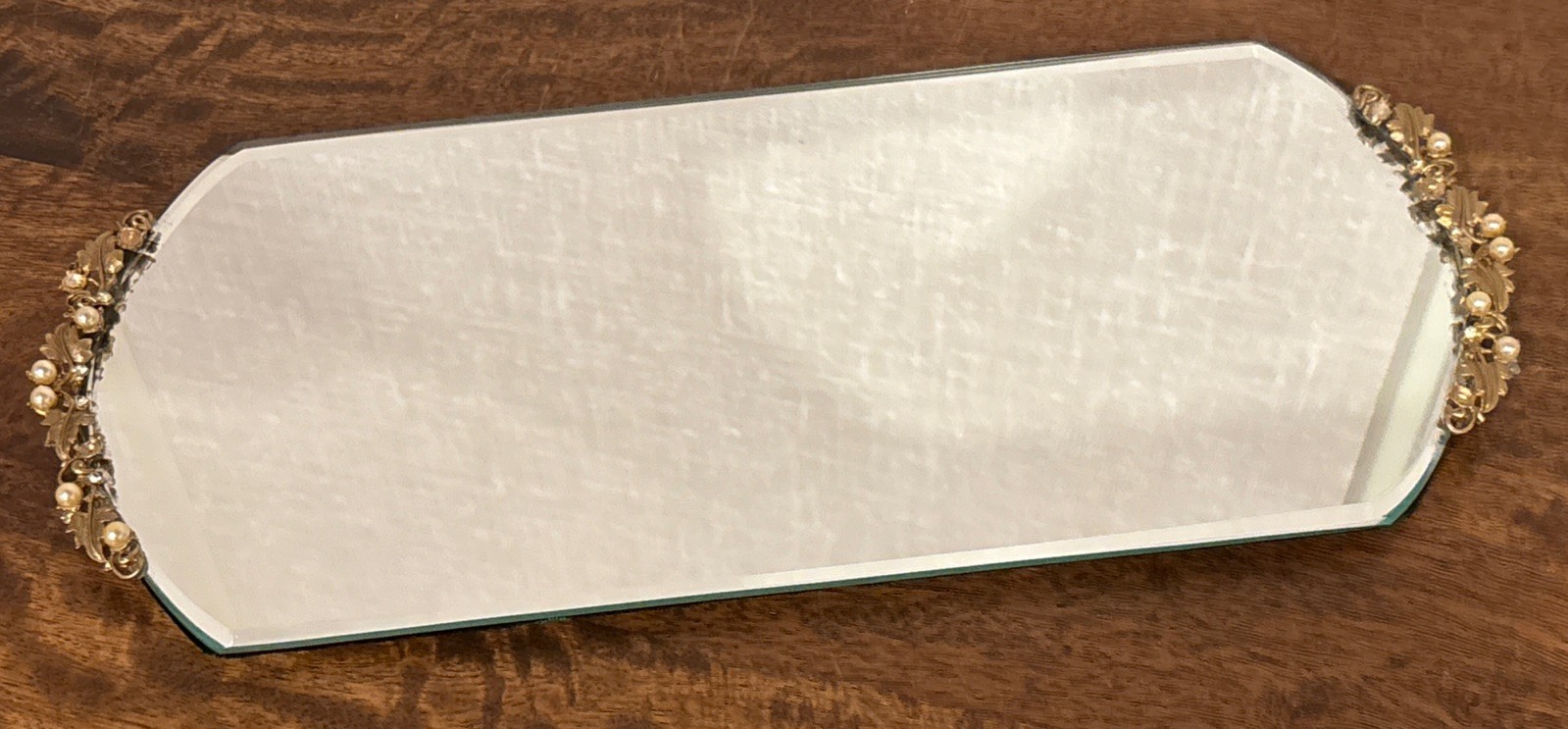 Beautiful Vintage Mirrored Dresser Tray With Grapevine Handles - Faux Pearls