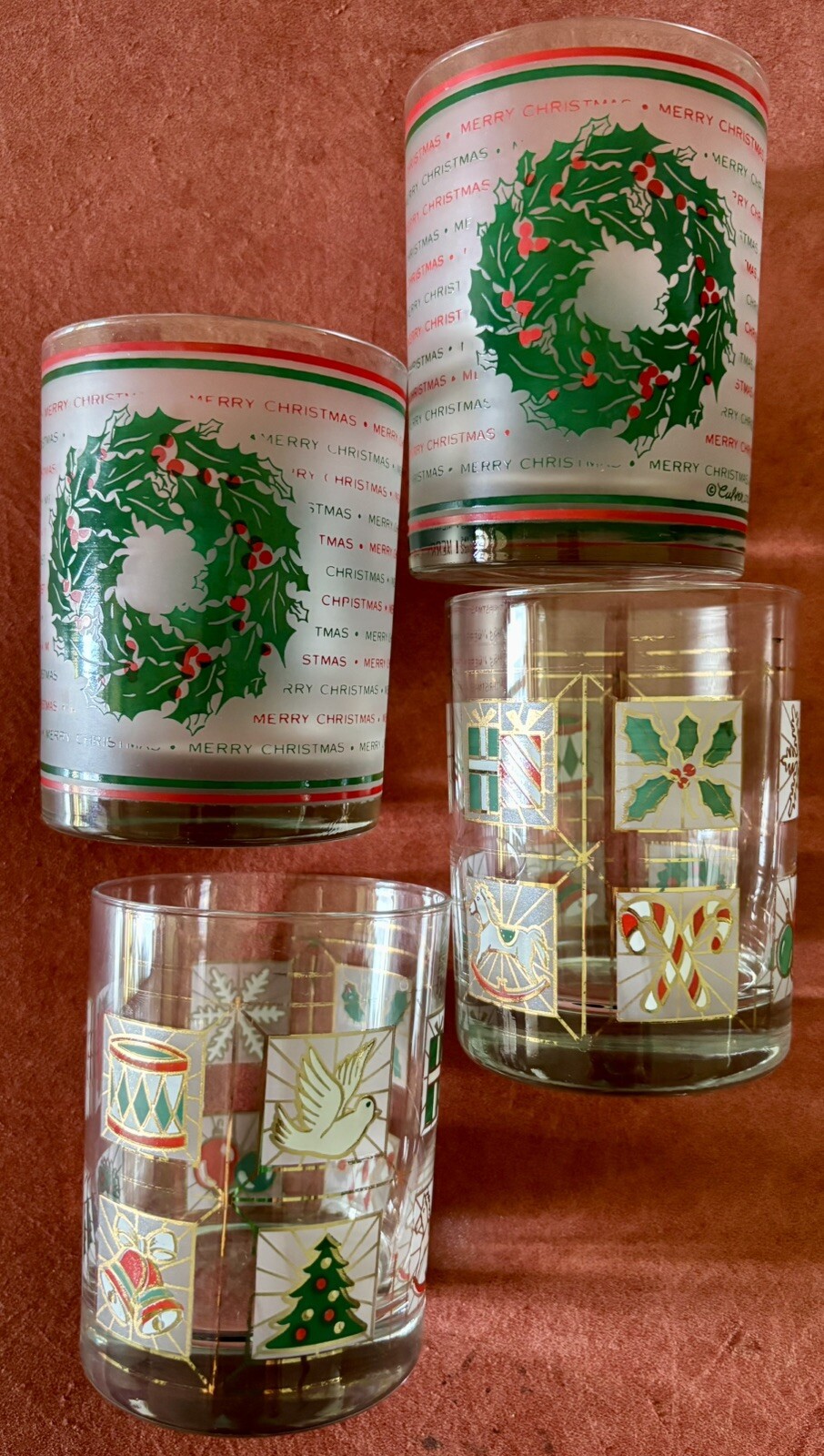 4 VTG Culver Merry Christmas Wreath & Potpourri Cocktail Rocks Holiday Glasses