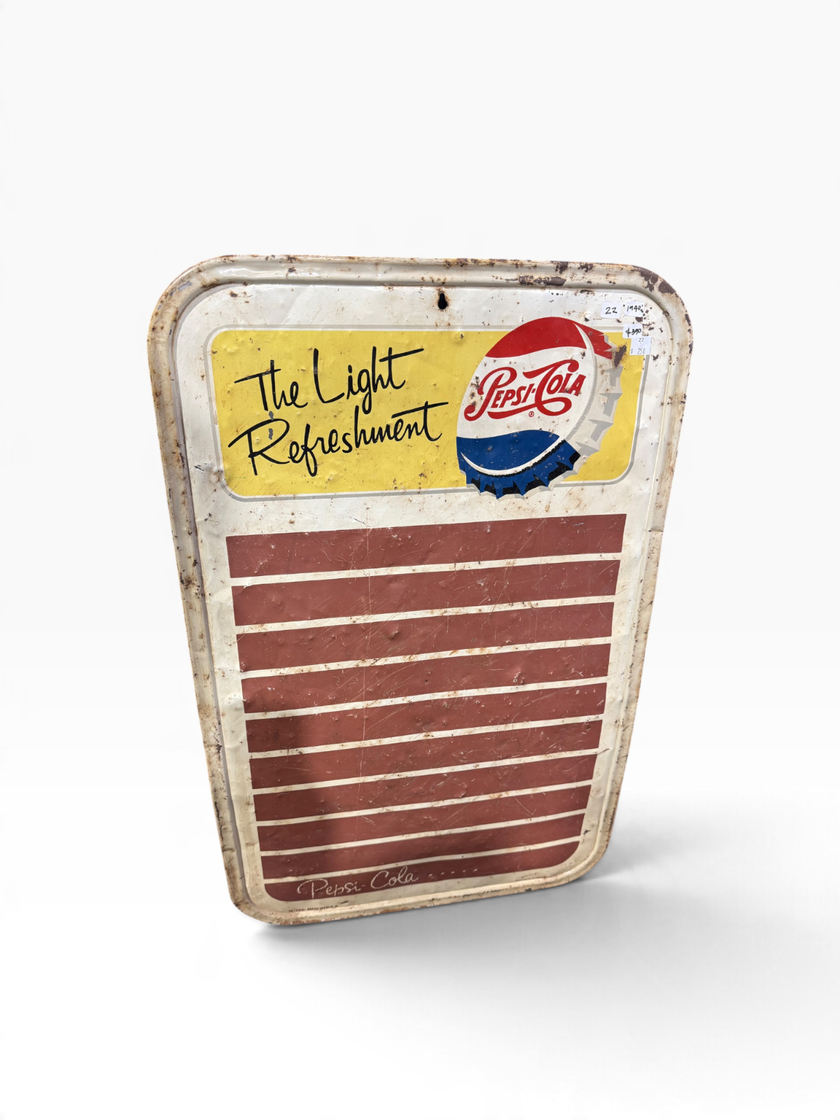 Vintage PEPSI-COLA The Light Refreshment Menu Board Soda Sign Bottle Cap