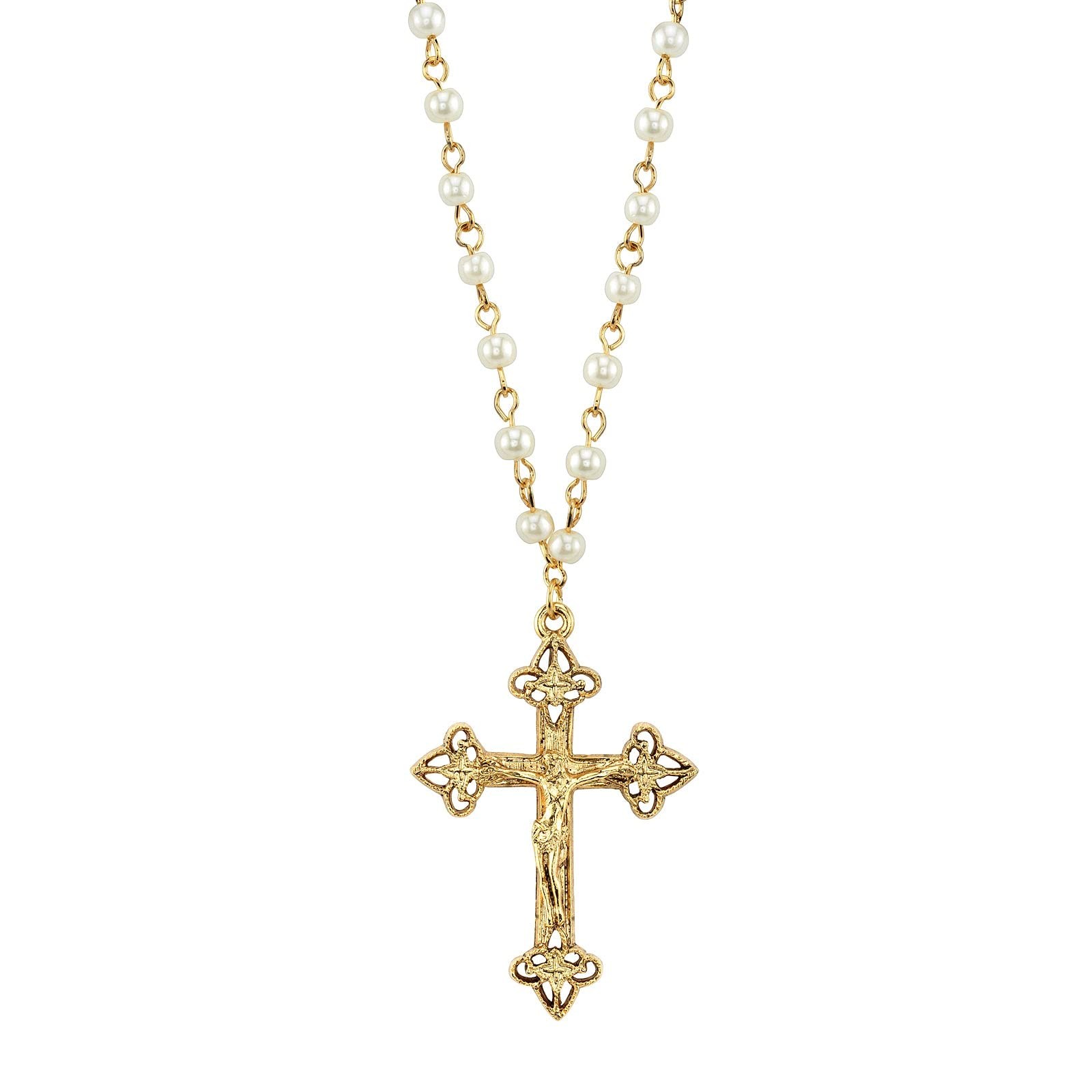 1928 Jewelry Gold Tone Faux Pearl Cross Pendant Necklace, 16-19 Inch