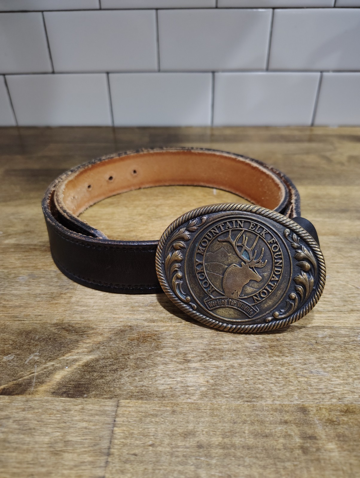 Rare Vintage Rocky Mountain Elk Foundation Solid Brass Belt Buckle & Belt S 34