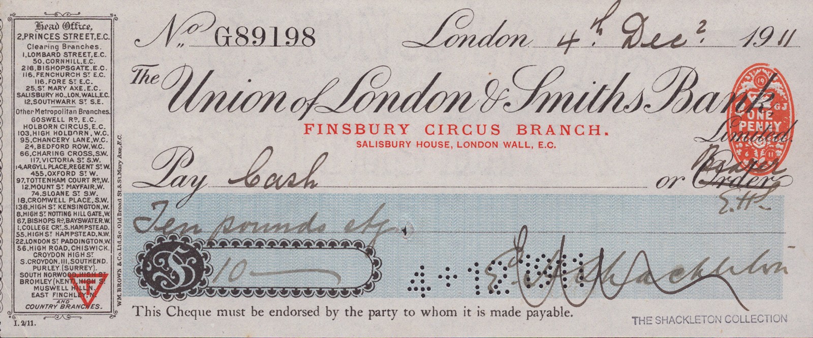 ERNEST H. SHACKLETON - AUTOGRAPHED SIGNED CHECK 12/04/1911