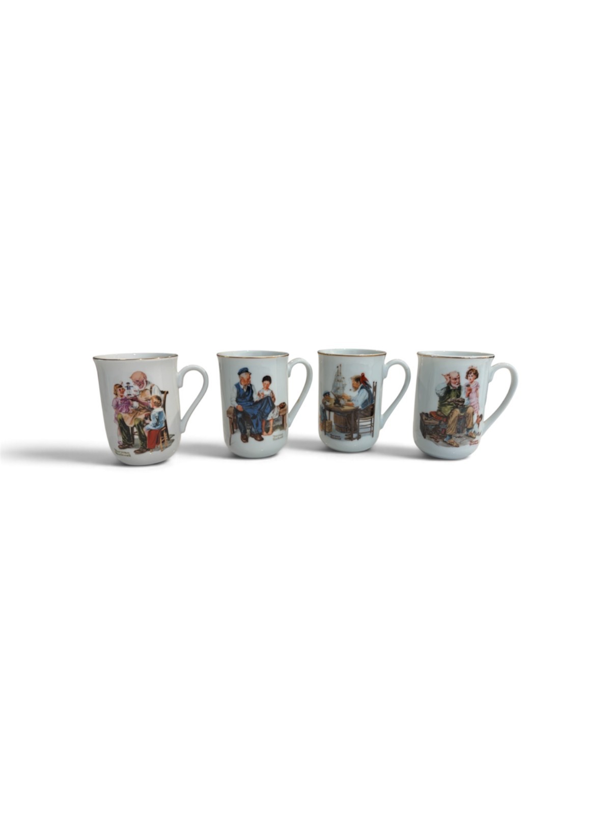 Set of 4 Vintage 1982 Norman Rockwell Museum Coffee Mugs, Gold Trim Porcelain