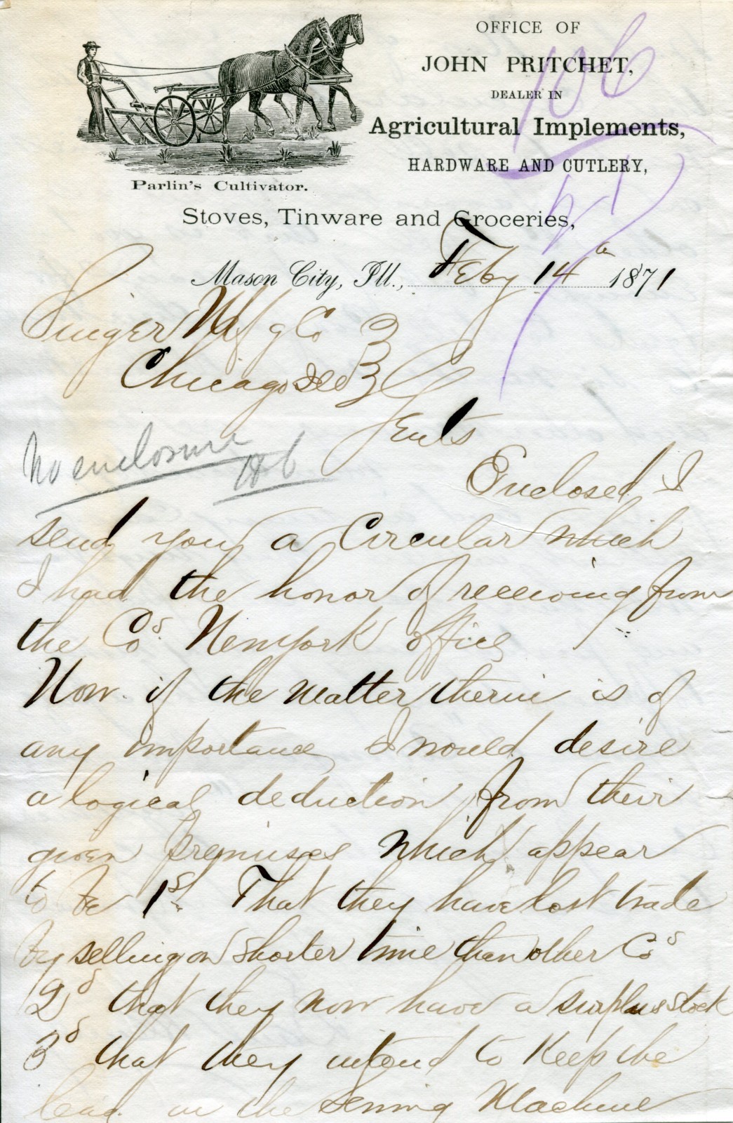 1871 hand written letter to Singer Sewing Machine about a competitor