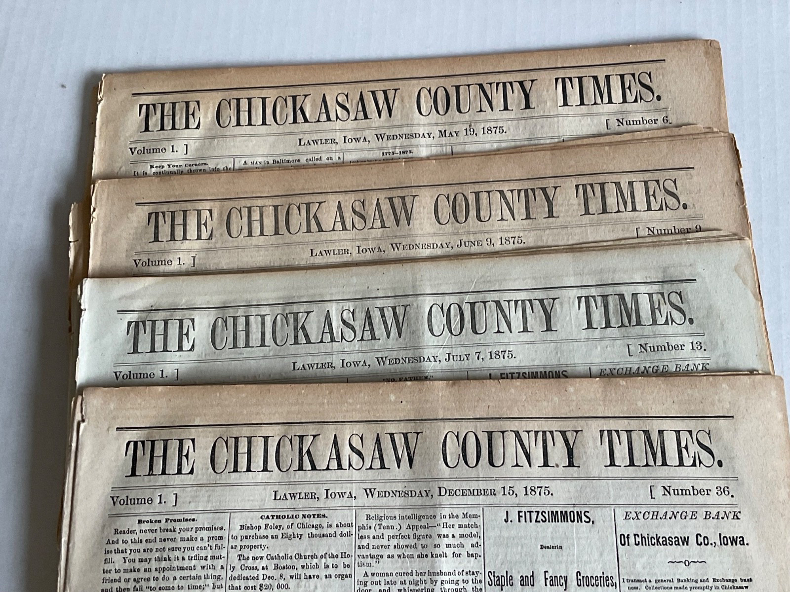 IOWA PIONEER 1870’S NEWSPAPERS FOUR LAWLER CHICAWSAW COUNTY ORIGINAL & COMPLETE