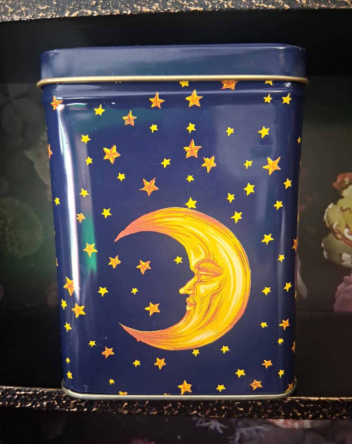 Vintage 90s Celestial Metal Tin Blue Gold Moon Face Stars Whimsigoth Stash Box