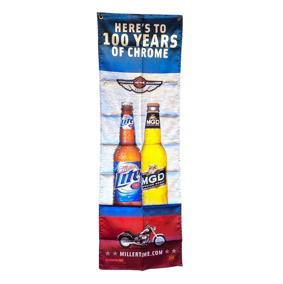 VTG 2003 Harley Davidson Miller Lite Banner Flag 100 Years Of Chrome Beer Sign