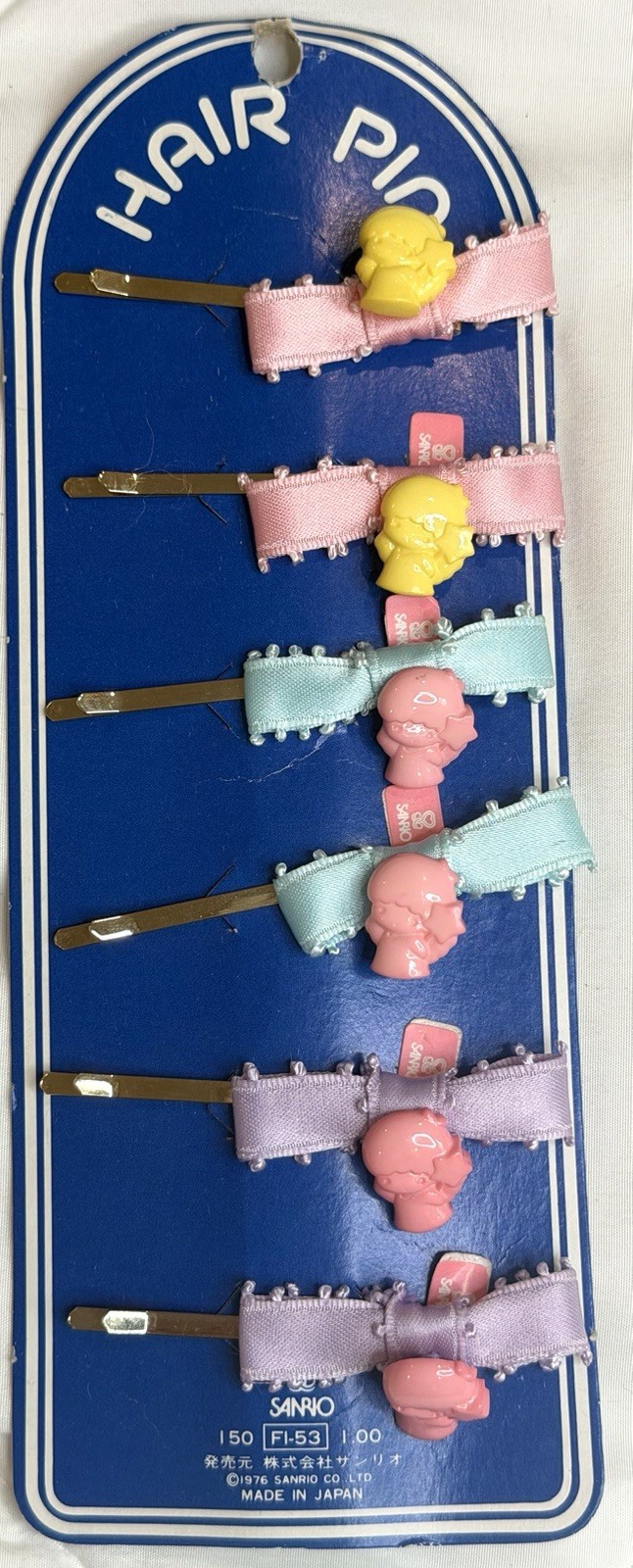 Vintage Little Twin Stars Sanrio 6 Ribbon Charm Hair Pins 1976 Japan Bobby Clips