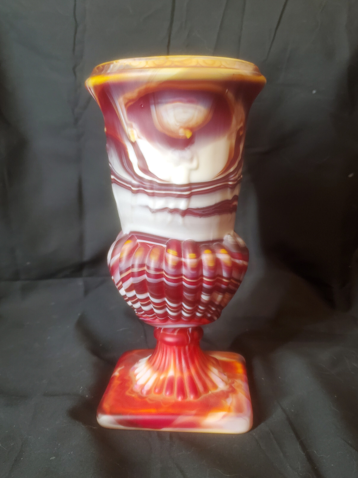 Imperial Glass Ruby Red White and Orange Slag Glass Vase UV Reactive 8 1/2' x 4