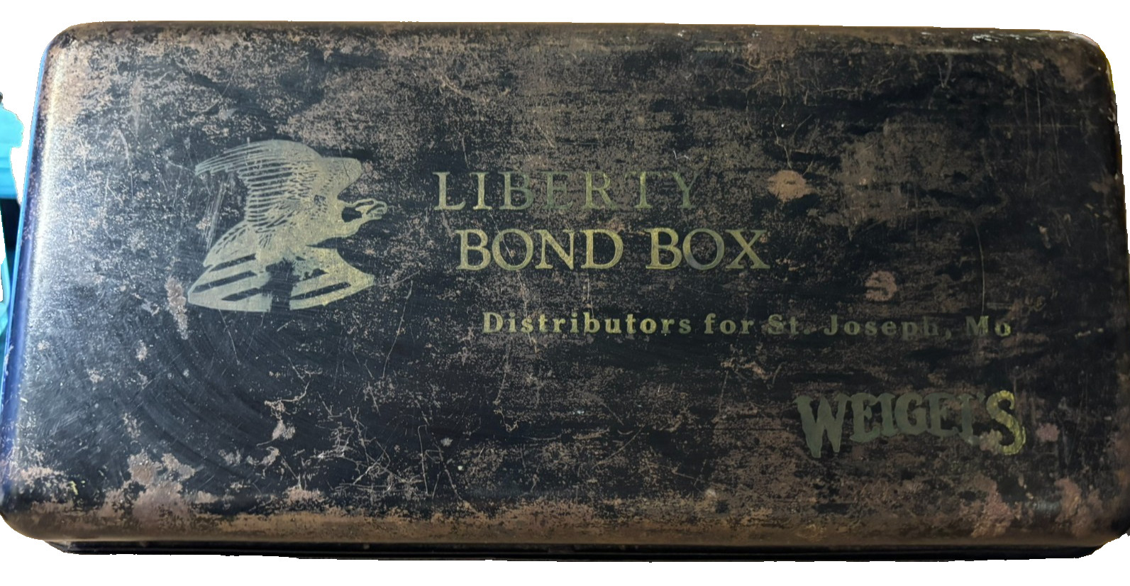Antique WWI Liberty Bond Box, ad from Weigel's, St. Joseph's, MO, Unlocked
