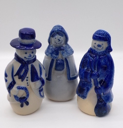 1998-2000 Dave Eldreth Pottery SNOWMEN Blue Salt Glaze / 2 Artist Signatures