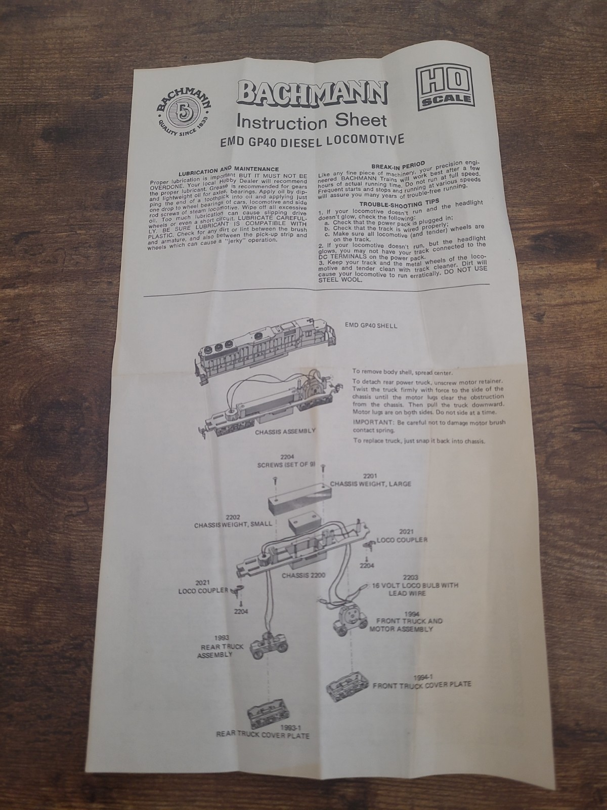 Vintage Bachmann N Scale EMD GP40 Diesel Locomotive Instruction Sheet