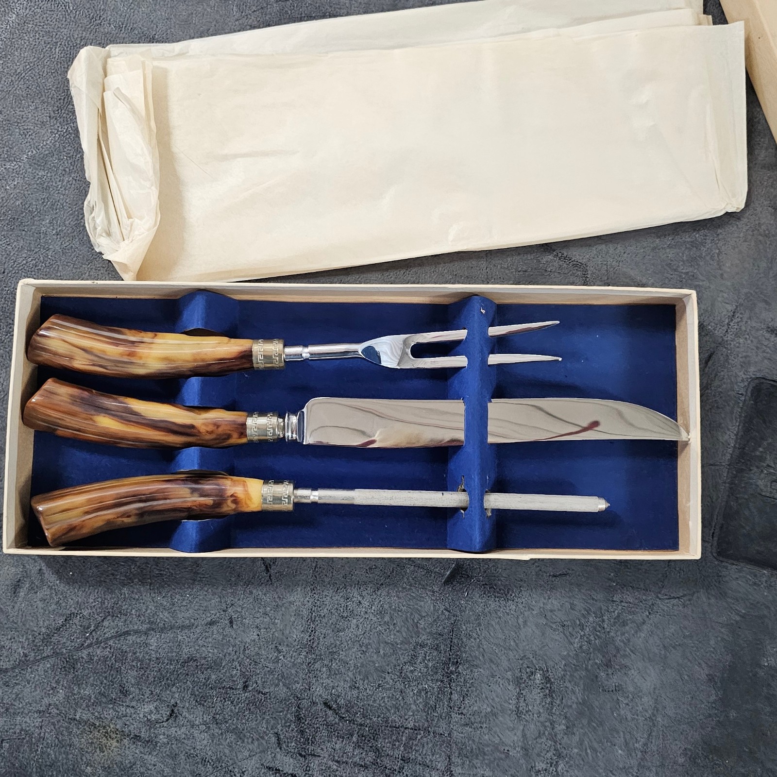 John Hull vtg Stainless Steel Carving Set w/ Case Knife Fork Sharpening Steel