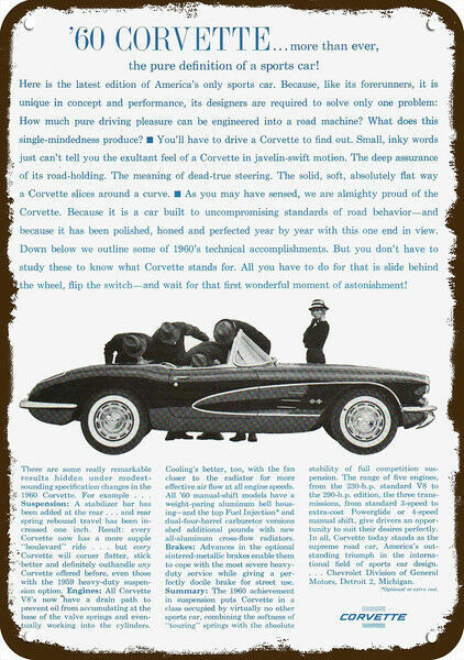 1960 CHEVY CORVETTE Convertible Car Vintage-Look DECORATIVE REPLICA METAL SIGN