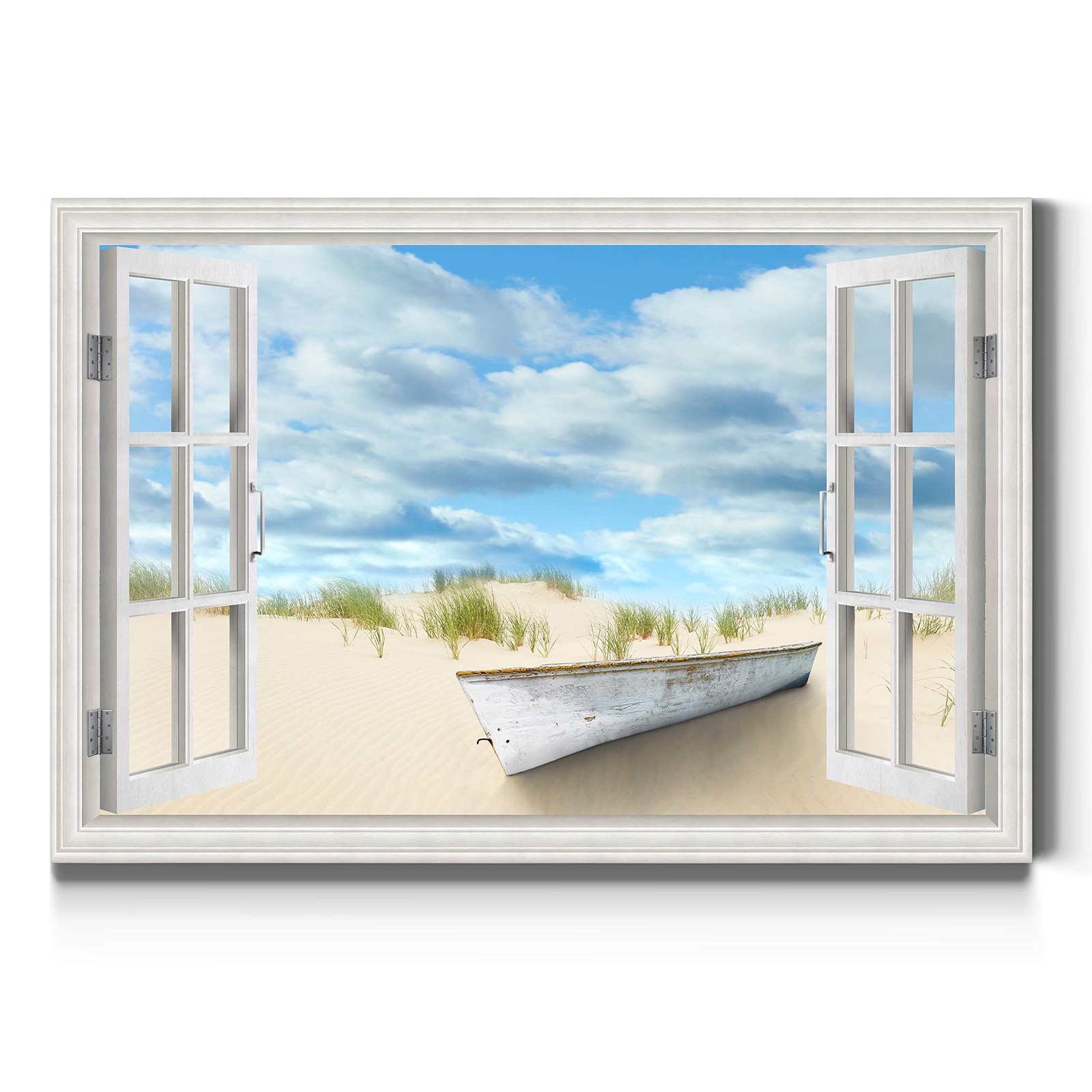 Renditions Gallery Canvas Wall Art Window View of Old Boat Docked at Beach