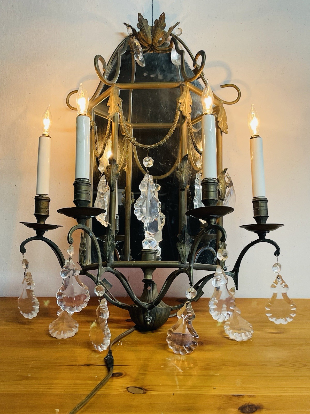 Antique French Style Bronze Mirror Wall Sconce Pair Crystal Prism Drops