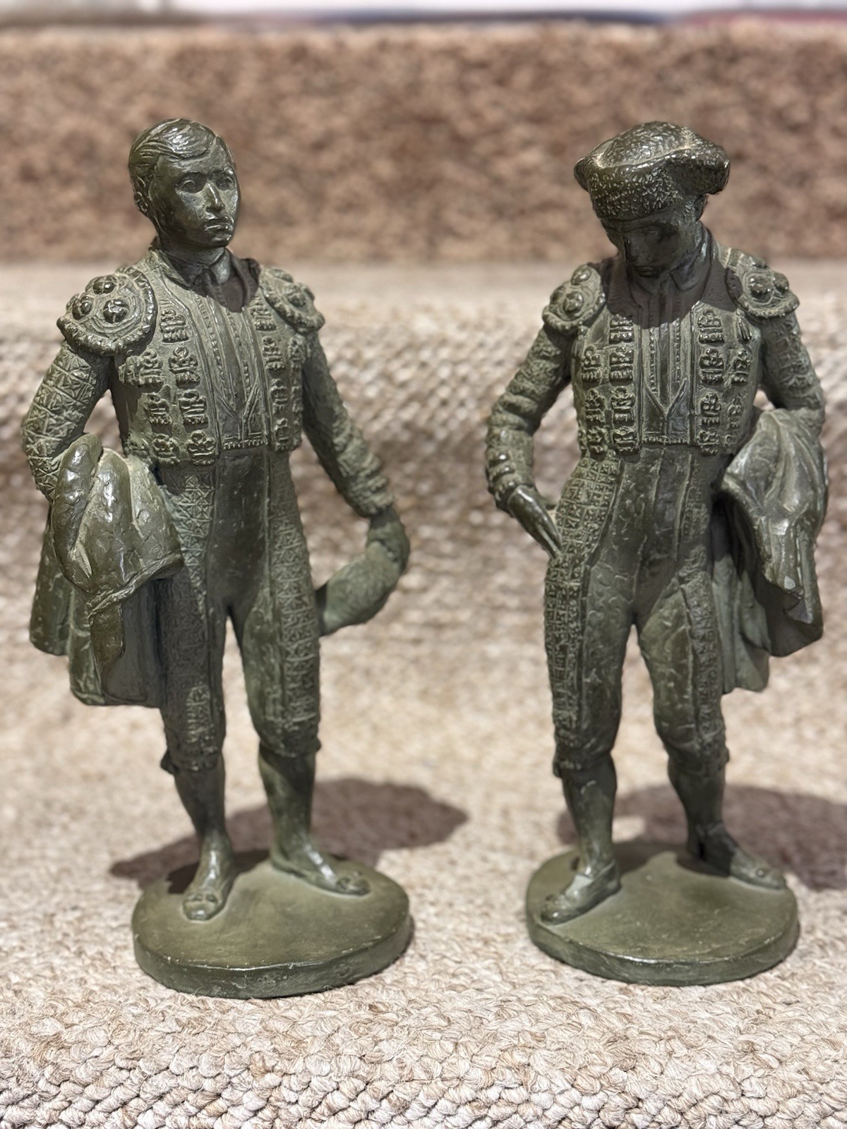 Vintage Fred Press Matador Bullfighter Figurines Pair 10.5” Green Patina