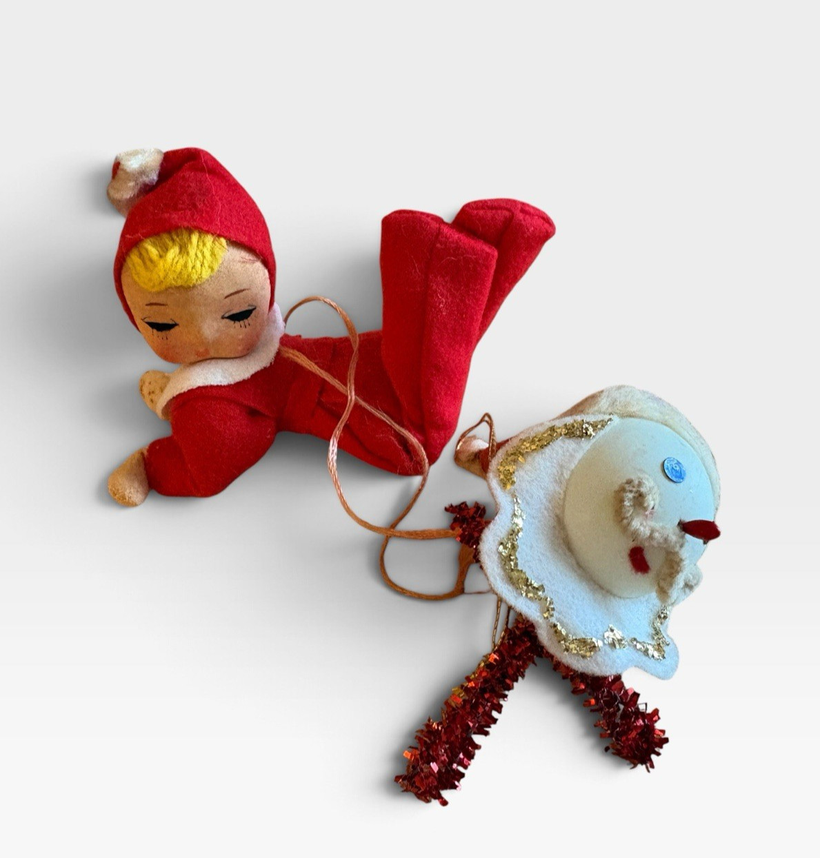 Lot of 2 Vtg Mid Century Japan Christmas Ornaments Red Pixie Elf Chenille Santa