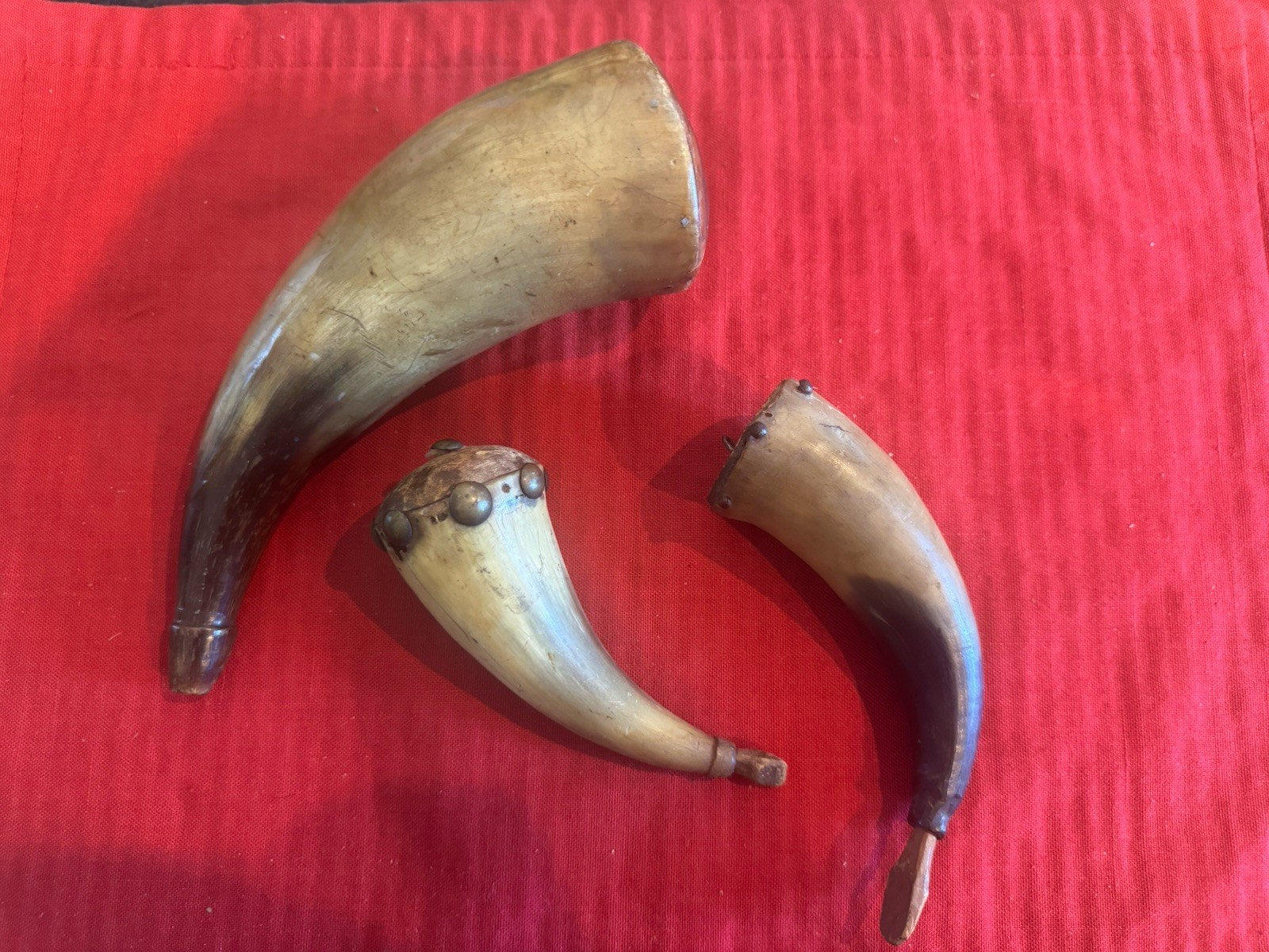 Antique 18th Century Powder Horn Trio - Turned Collar Appalachian Priming Horn