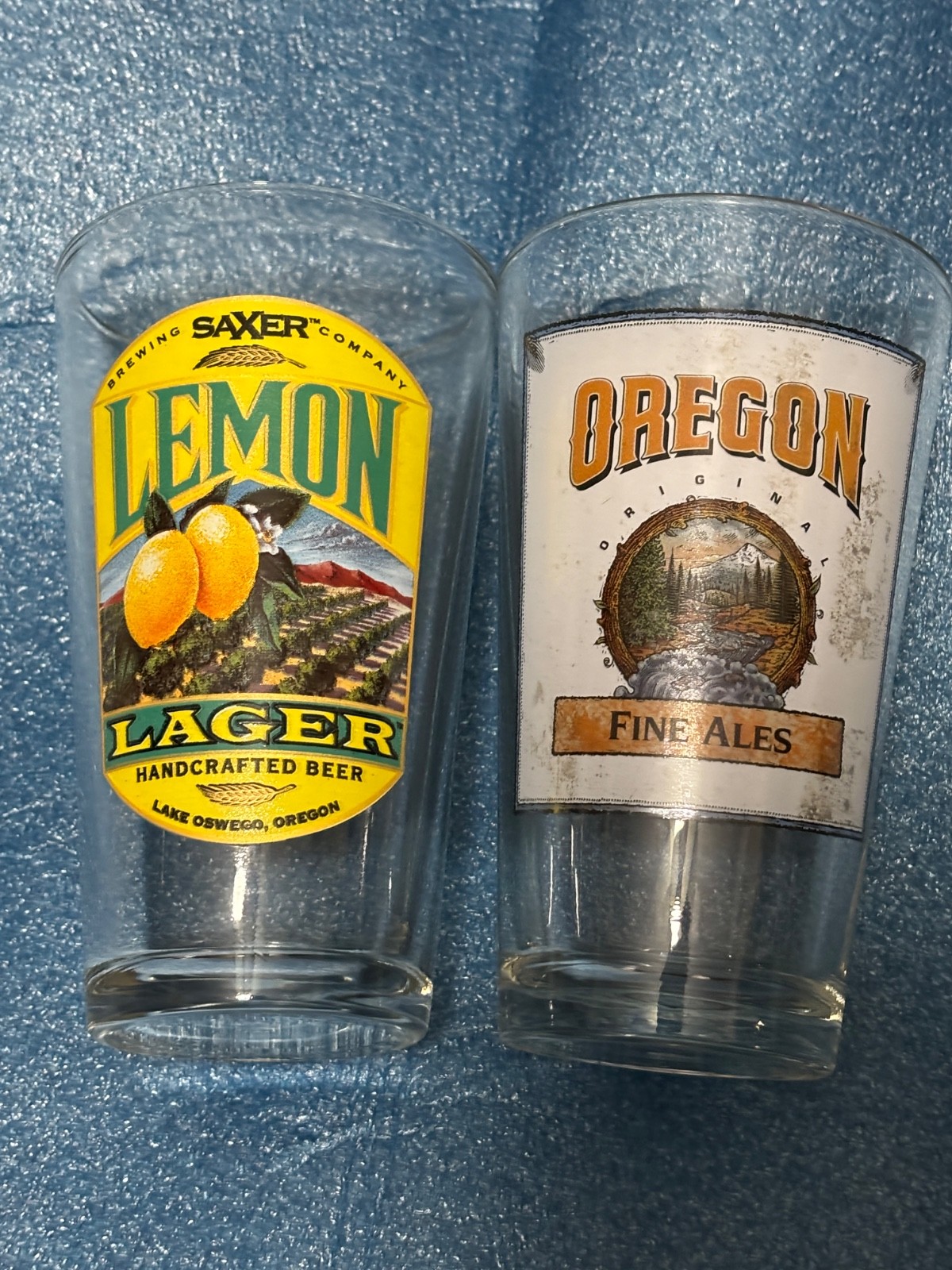 2 Rare Lake Oswego Oregon Fine Ales Saxer Lemon Lager Craft Beer Pint Glass NOS