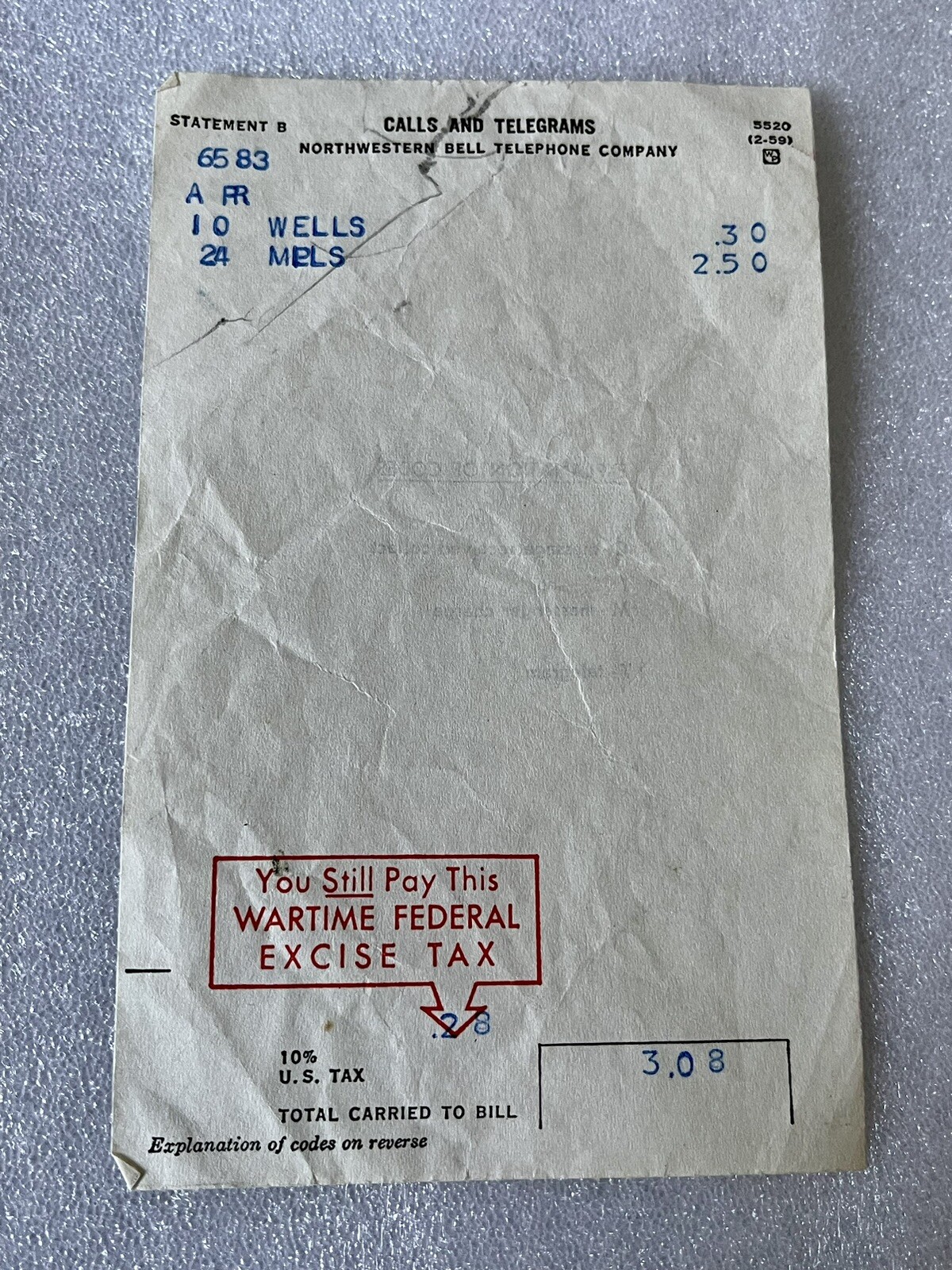 1924 Calls and Telegrams Northwestern Bell Telephone Company Receipt Wartime Tax