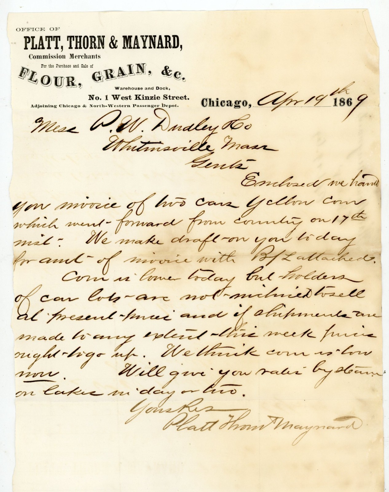 1869 Chicago IL Grain Letter Chicago & North-Western Passenger Depot Signed
