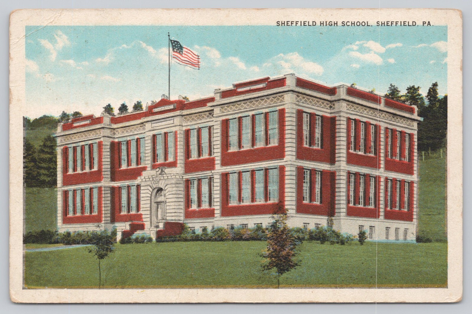 Sheffield High School, Sheffield PA Pennsylvania Postcard 1920s White Border