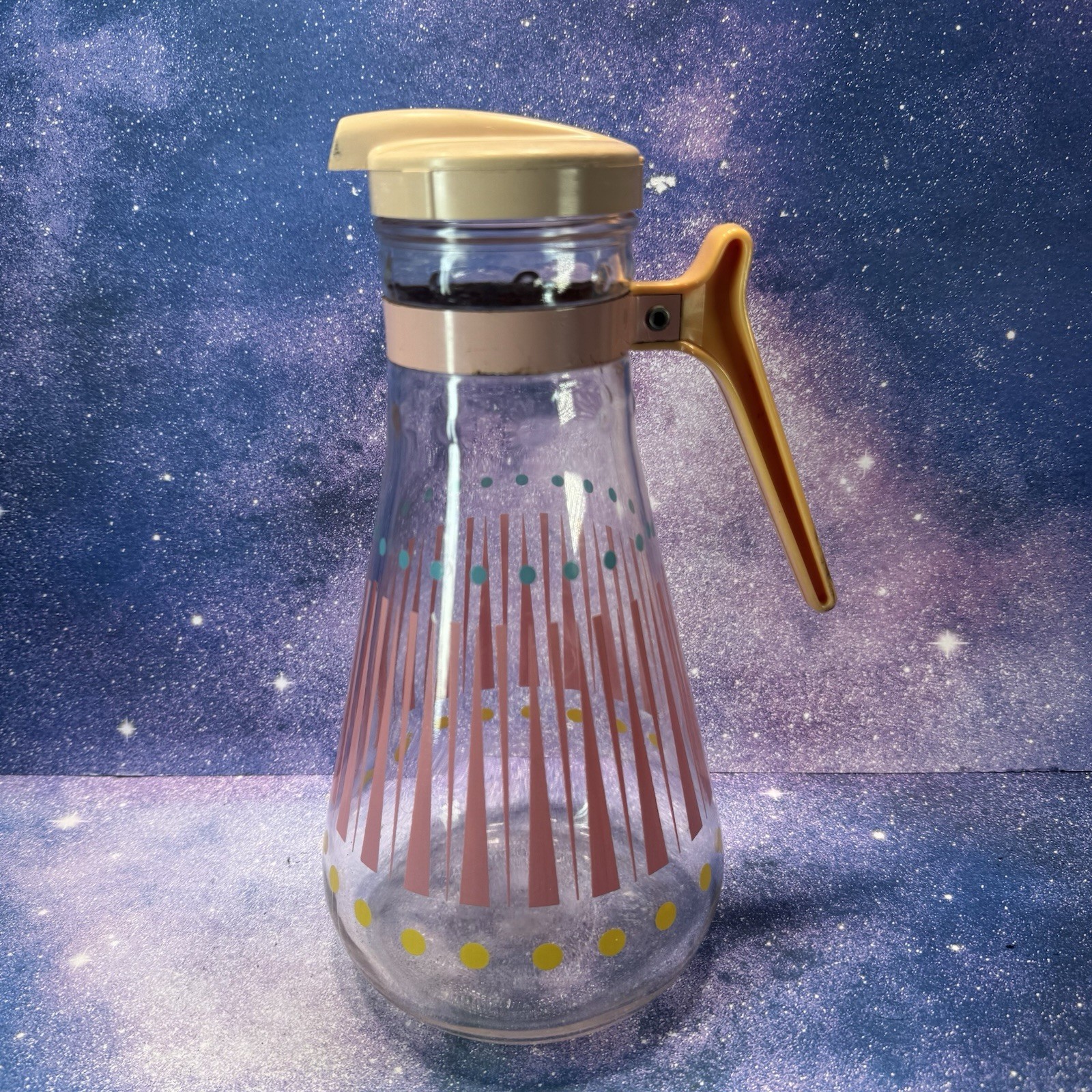 Vintage EZ Por Glass Carafe/Pitcher with Pink Lid & Handle MCM Atomic
