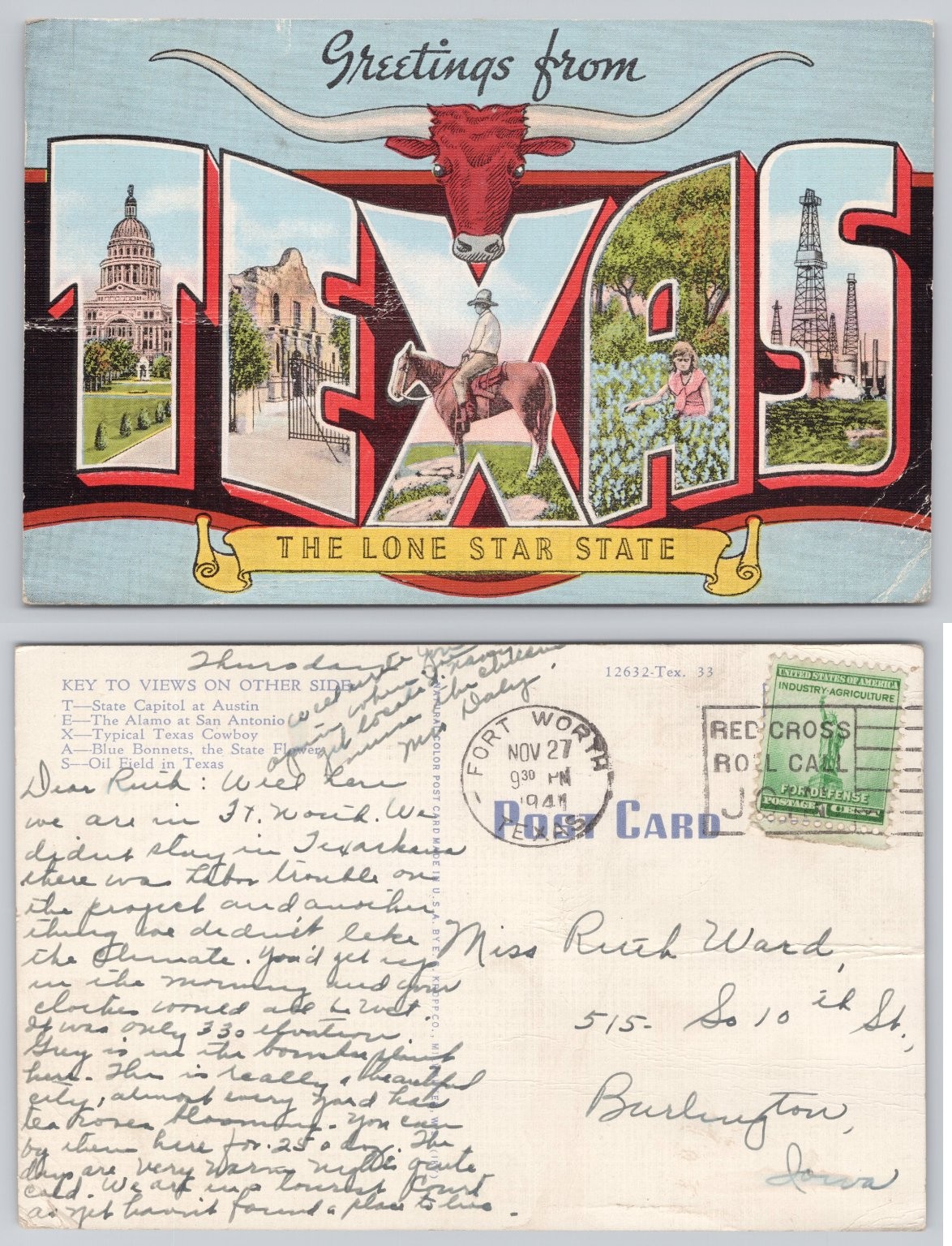 Vintage 1941 Greetings from TEXAS Linen Postcard Longhorn Alamo Oil Field