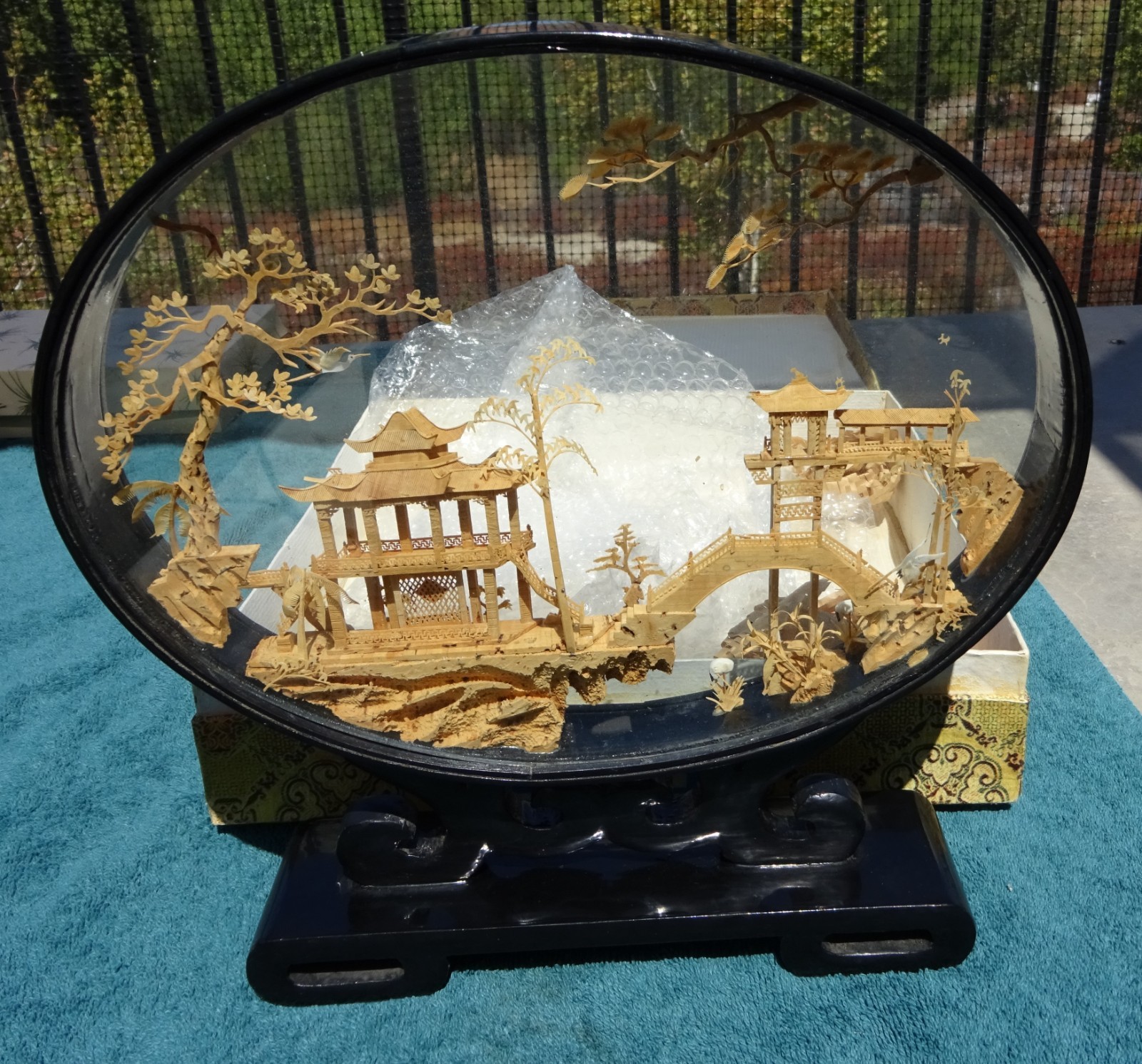 Rare VTG Fujian art Cork carving Diorama Pagoda Chinese in the original box MIB