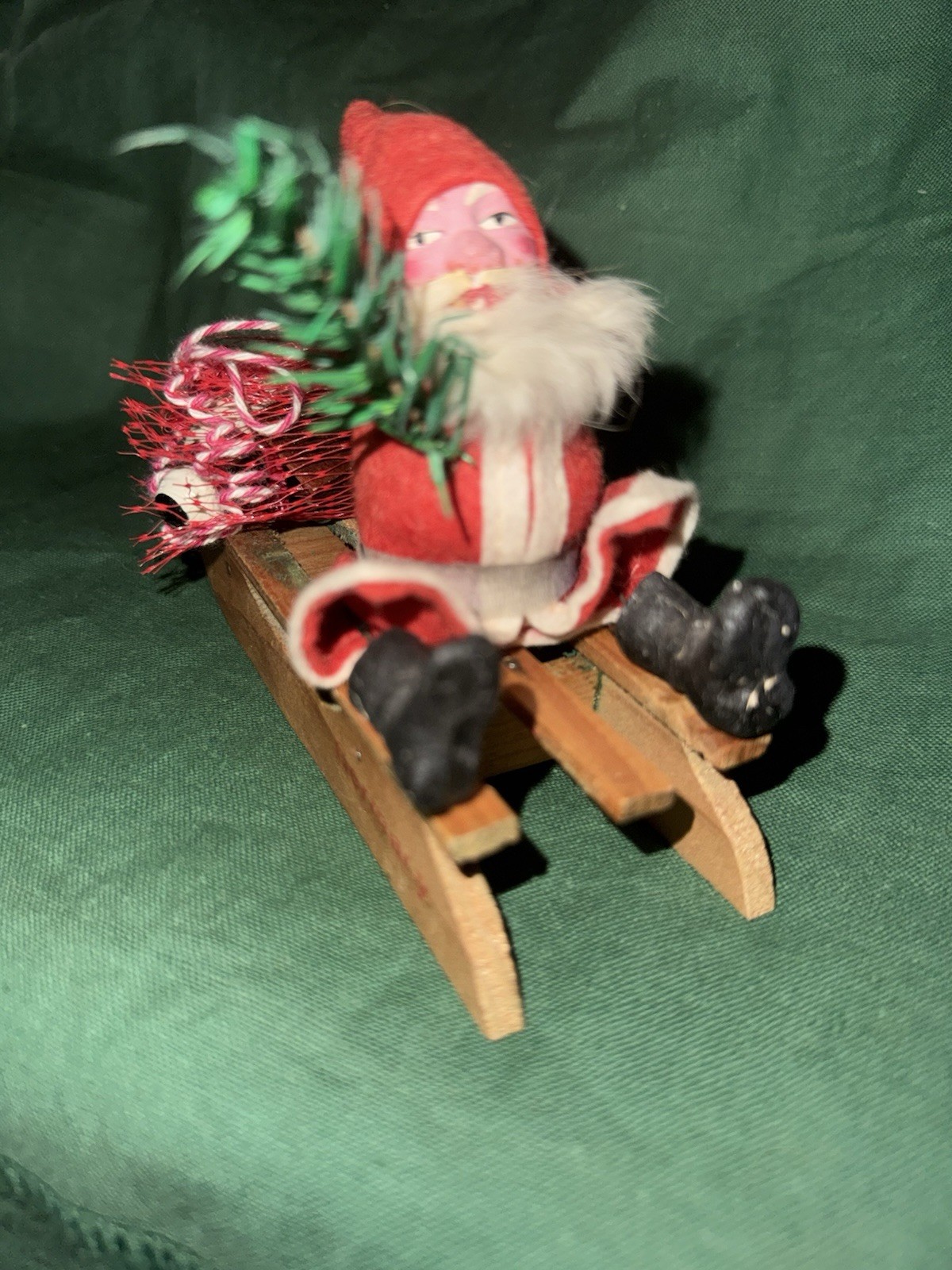 Antique German Belsnickle Santa Candy Container Head On Wood Marked Sled Toy Bag