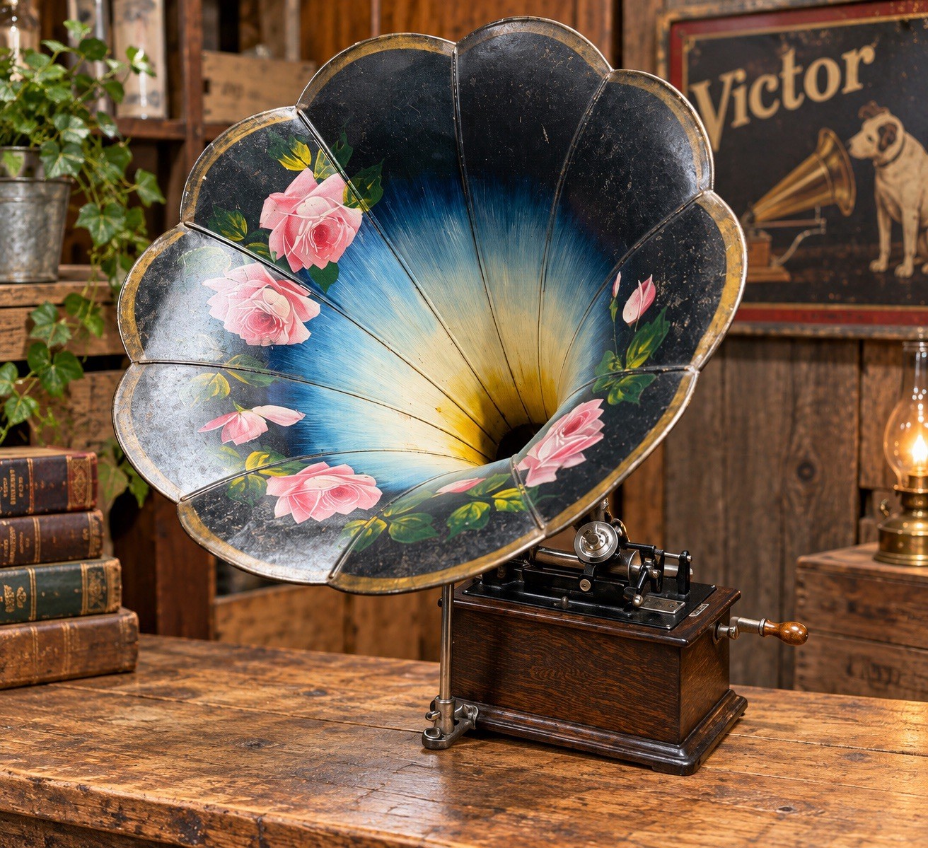 Antique c1906 Edison Standard Model B Phonograph Painted Morning Glory Horn