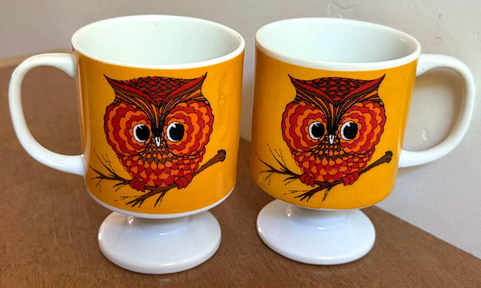 VTG Set 2 Owl Pedestal Mugs Cup Porcelain MCModern Retro Japan 1960s MINT F/S
