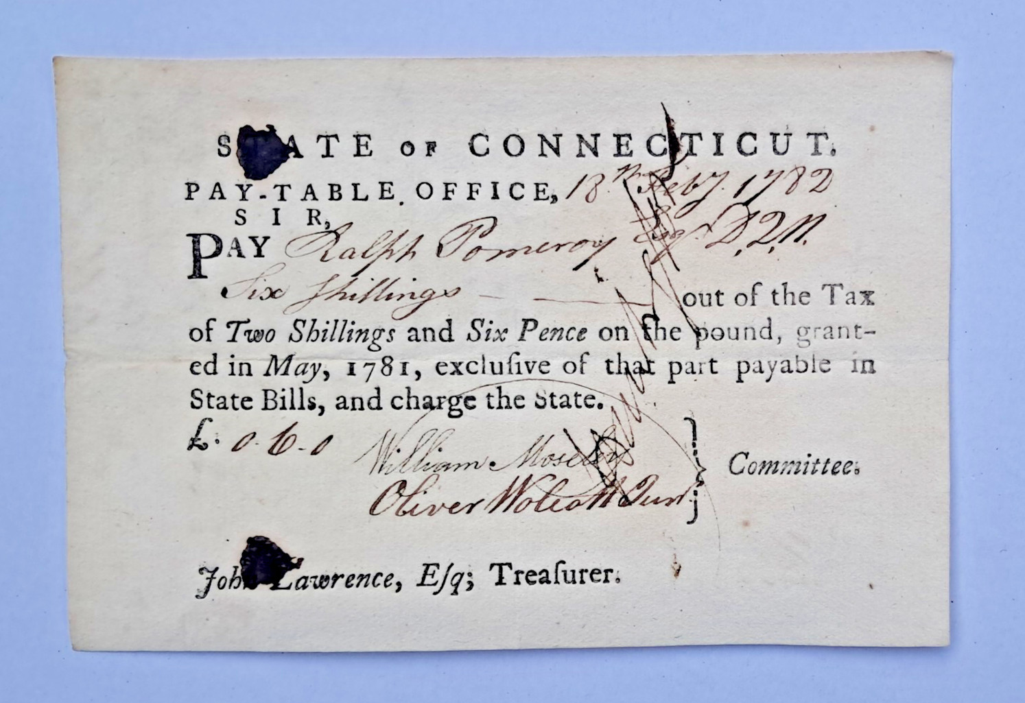 1782 Pay Document Signed Huntington (Rev War General) Wm Mosely, Oliver Wolcott